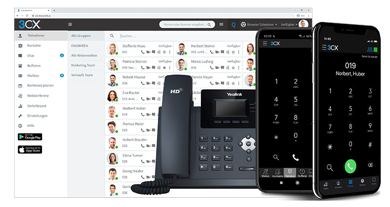 3CX Web-Client im Browser, Yealink-Tischtelefon und die 3CX Mobile App auf zwei Smartphones
